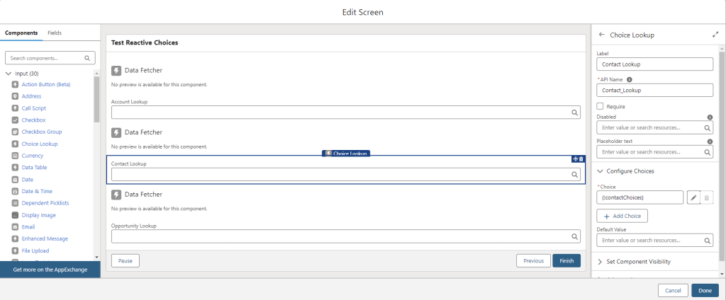 This image is of the same flow screen element canvas with a Choice Lookup Component in focus. It is the fourth element on the screen. The component label is Contact Lookup and API Name is Contact_Lookup. In the Choices box is has contactChoices 