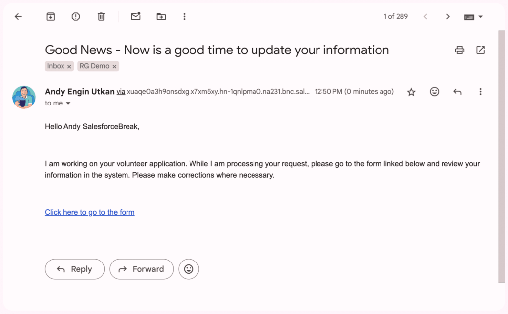 Please note that Jotform generates field names for your form fields. They provide a tool, field prepopulator, that helps you generate the URL code. Use it.
See the email that the volunteer receives below.