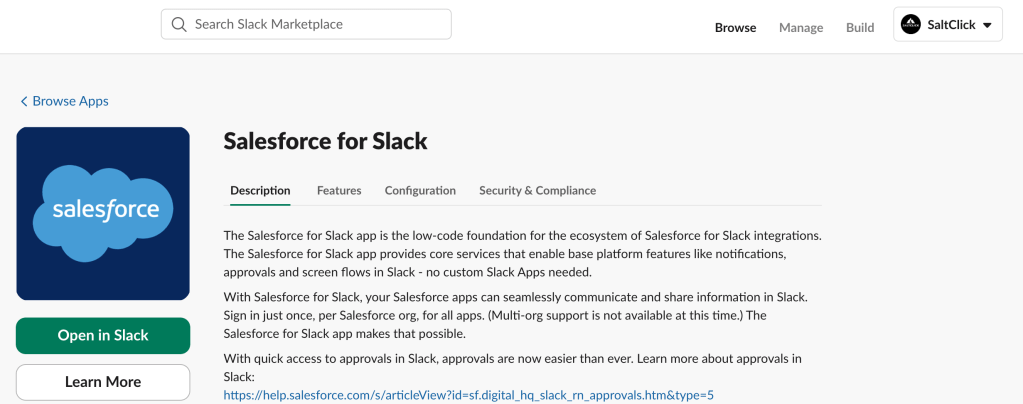 This image shows the Salesforce for Slack app icon. The description of the app: The Salesforce for Slack app is the low-code foundation for the ecosystem of Salesforce for Slack integrations, approvals and screen flows in Slack - no custom Slack Apps needed. With Salesforce for Slack, your Salesforce apps can seamlessly communicate and share information in Slack. Sign in just once, per Salesforce org, for all apps. (Multi-org support is not available at this time.) The Salesforce for Slack app makes that possible. With quick access to approvals in Slack, approvals are not easier than ever. Learn more about approvals in Slack: (help article link)