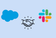 Illustration showing the Salesforce and Slack logos above a handshake icon, representing the integration between the two platforms.