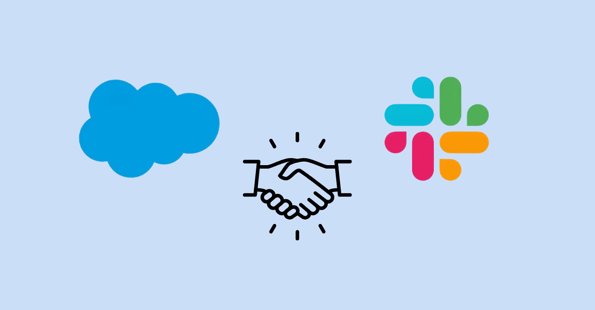 Illustration showing the Salesforce and Slack logos above a handshake icon, representing the integration between the two platforms.