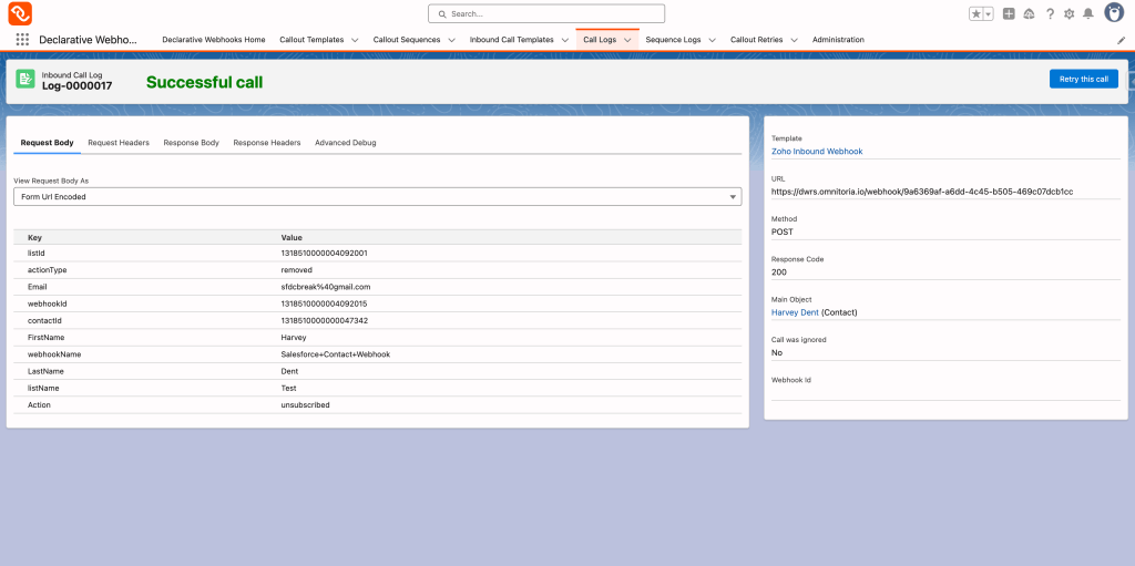 Declarative Webhooks Inbound Call Log Success
