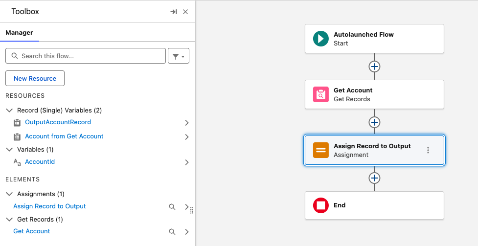 Salesforce Flow Builder screen showing an Action Button configured to launch an Autolaunched Record Validation flow.