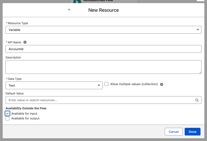 Salesforce Flow Builder screen showing how to create a new variable resource for AccountId in an autolaunched flow.