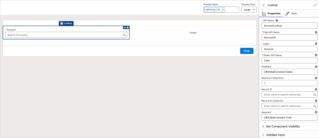Salesforce Flow Builder screen showing how to configure a Lookup field to connect an Account to a Case.