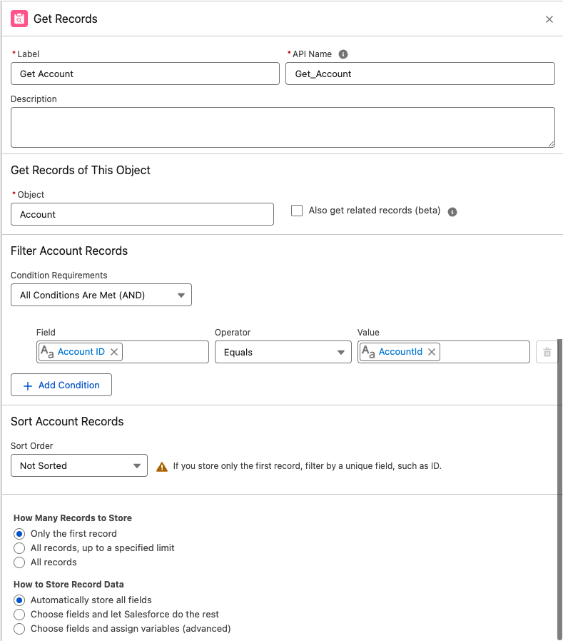 Salesforce Flow Builder Get Records element configured to retrieve Account records filtered by Account ID. This image shows configuring a Get Records element to fetch the selected Account based on the AccountId field.
