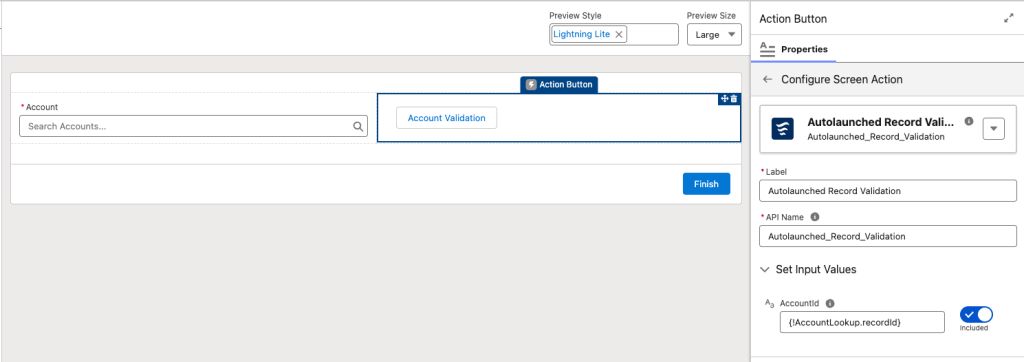 Salesforce Flow Builder screen showing an Action Button configured to launch an Autolaunched Record Validation flow.