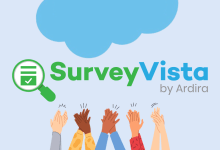 Salesforce cloud above the SurveyVista logo, with hands clapping.