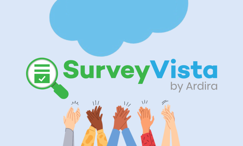 Salesforce cloud above the SurveyVista logo, with hands clapping.