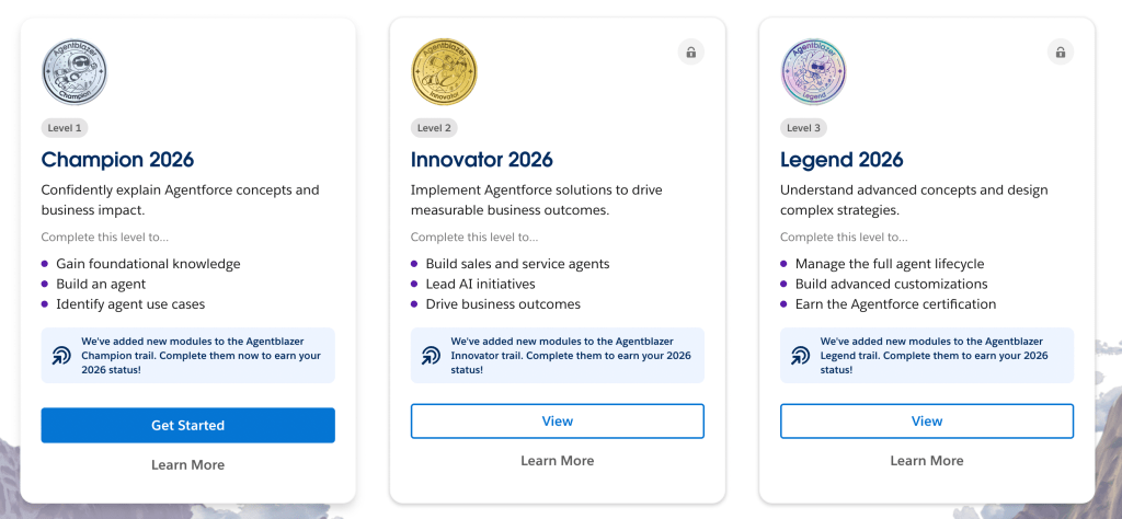 Image shows the three levels required to reach Agentblazer Status. Left to right they read: Champion 2026 Innovator 2026 Legend 2026