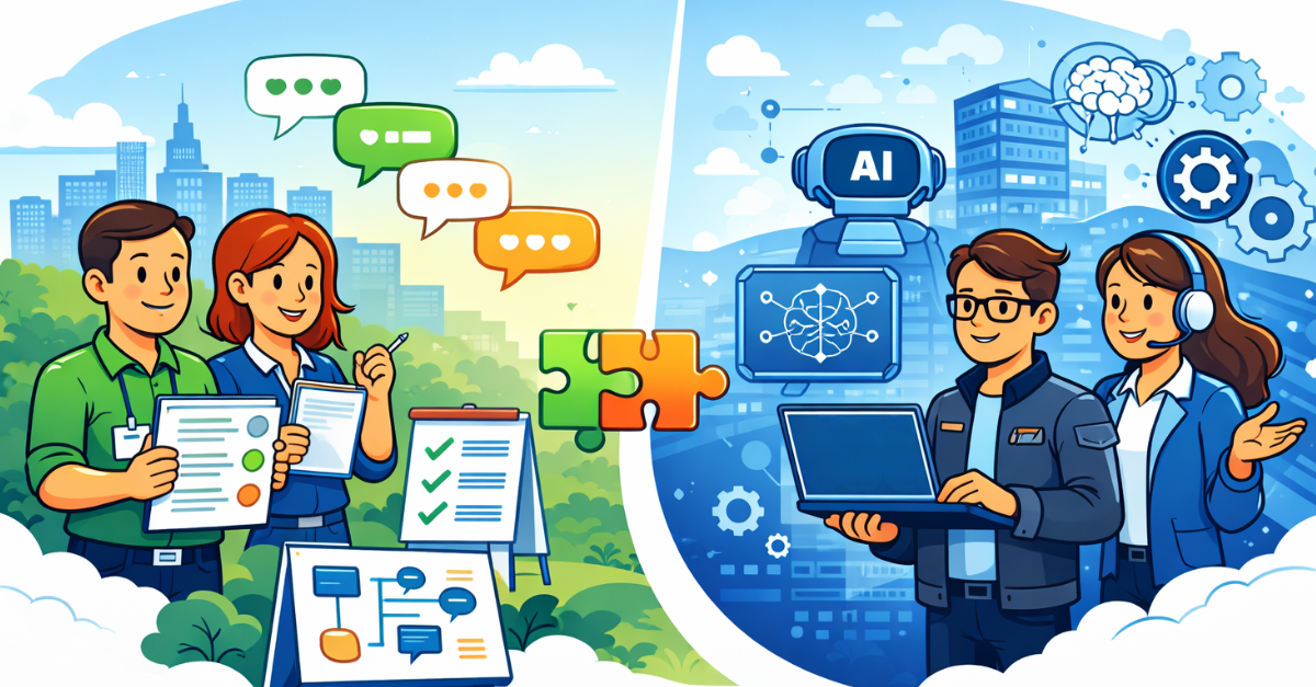 “Two groups of professionals collaborating across a split scene, connected by interlocking puzzle pieces, showing community-driven architecture work alongside AI-supported design.”