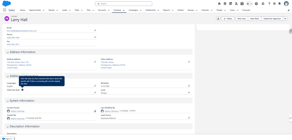 Salesforce Contact record page showing Initial Ask Date field with expanded help text tooltip reading Enter the date you first contacted this donor about this specific gift. If this is a recurring gift, use the original ask date.