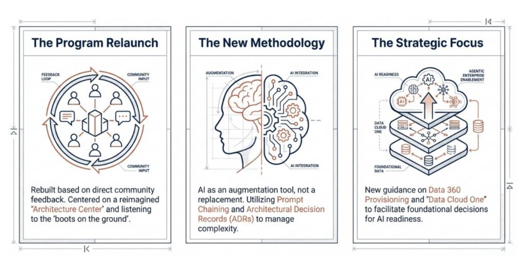 Three illustrated panels labeled ‘The Program Relaunch,’ ‘The New Methodology,’ and ‘The Strategic Focus,’ showing a community feedback loop, human-AI augmented architecture, and a layered data and AI foundation focused on Data 360 and agentic enterprise enablement.