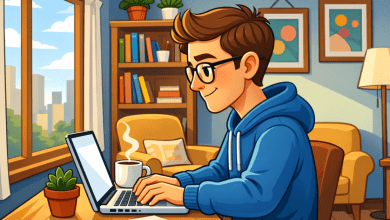 Cartoon-style illustration of a Flow builder working on a laptop at a desk in a cozy home office, representing debugging and building Salesforce automation.