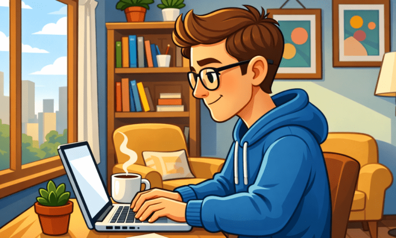 Cartoon-style illustration of a Flow builder working on a laptop at a desk in a cozy home office, representing debugging and building Salesforce automation.