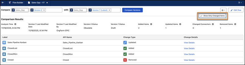 Salesforce Flow Builder Compare Versions view highlighting added, updated, and removed elements between two screen flow versions with ‘Show Only Changed Items’ turned on.