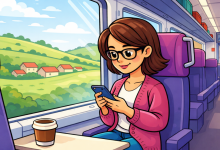 Woman studying on her phone during her train commute.