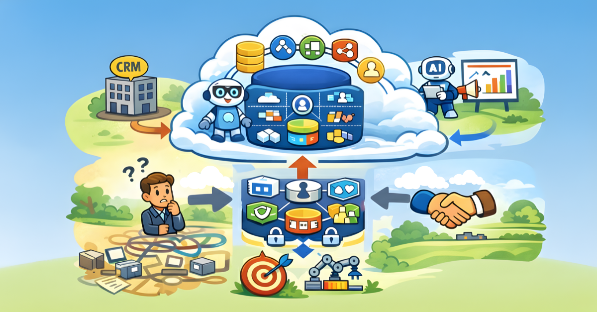 Simplified 2D illustration showing a central cloud connecting a CRM system, a confused user with fragmented data, and a chart, leading to clear outcomes represented by a target and a handshake.