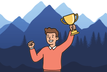 Image of guy holding a trophy in front of mountains