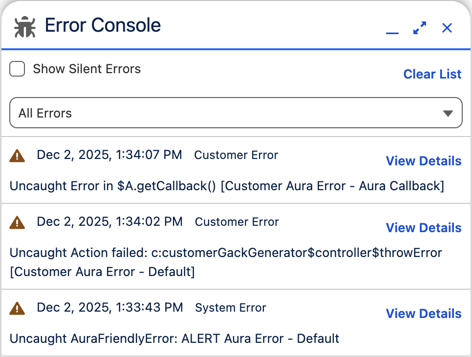 The Error Console centralizes page-level errors in Lightning Experience