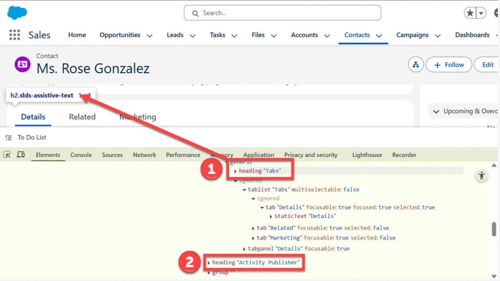 Salesforce contact record for Ms. Rose Gonzalez with Chrome DevTools accessibility tree open, highlighting heading structure for “Tabs” and “Activity Publisher.”