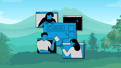 Flat blue illustration of three people collaborating around a large computer interface with windows and arrows, set against a soft green mountain landscape background.
