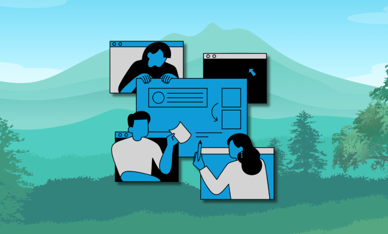Flat blue illustration of three people collaborating around a large computer interface with windows and arrows, set against a soft green mountain landscape background.
