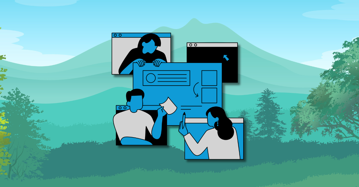 Flat blue illustration of three people collaborating around a large computer interface with windows and arrows, set against a soft green mountain landscape background.