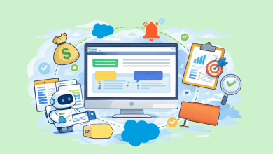 Flat 2D cartoon illustration of a computer monitor displaying chat bubbles and analytics, surrounded by icons representing conversation intelligence, including a money bag, notification bell, clipboard with chart and target, magnifying glass with checkmark, documents, and a small robot holding a tablet, symbolizing AI-powered call insights and sales analytics.