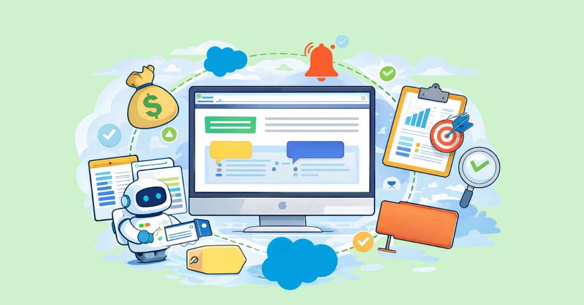 Flat 2D cartoon illustration of a computer monitor displaying chat bubbles and analytics, surrounded by icons representing conversation intelligence, including a money bag, notification bell, clipboard with chart and target, magnifying glass with checkmark, documents, and a small robot holding a tablet, symbolizing AI-powered call insights and sales analytics.