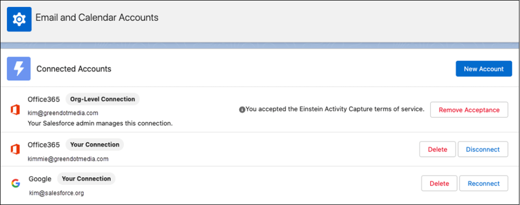 Salesforce Email and Calendar Accounts page showing connected Office 365 and Google accounts, including an org-level connection and user-level connections with options to delete, disconnect, or reconnect.