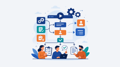 Simple 2D cartoon illustration of a workflow orchestration with flowchart steps, icons, and three people collaborating on tasks across a shared process.