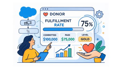 Flat 2D illustration of a donor account dashboard showing commitment $100,000, paid $75,000, and 75% fulfillment, with Flow and Transform steps updating the account.