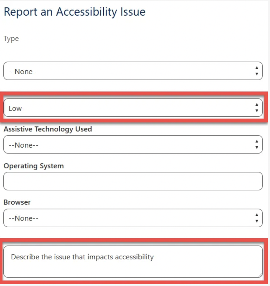 Salesforce “Report an Accessibility Issue” screen flow form showing priority dropdown and description field highlighted for improved labels and structure.