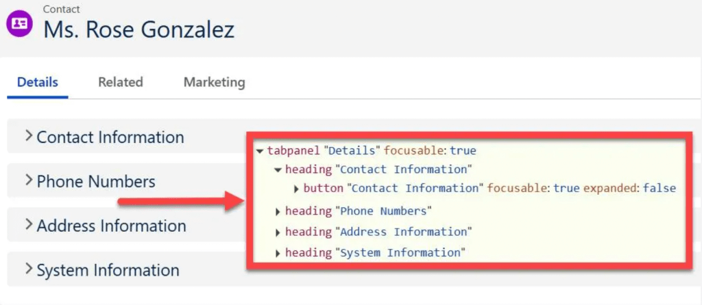 Salesforce contact record for Ms. Rose Gonzalez showing organized field sections, with accessibility tree highlighting headings for Contact Information, Phone Numbers, Address Information, and System Information.