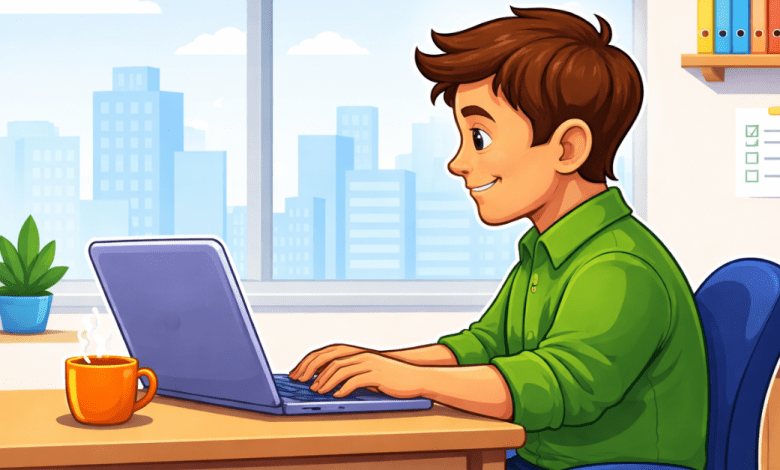 Side-view 2D cartoon illustration of a man sitting at a desk in an office, typing on a laptop, with a coffee mug, plant, and window in the background.