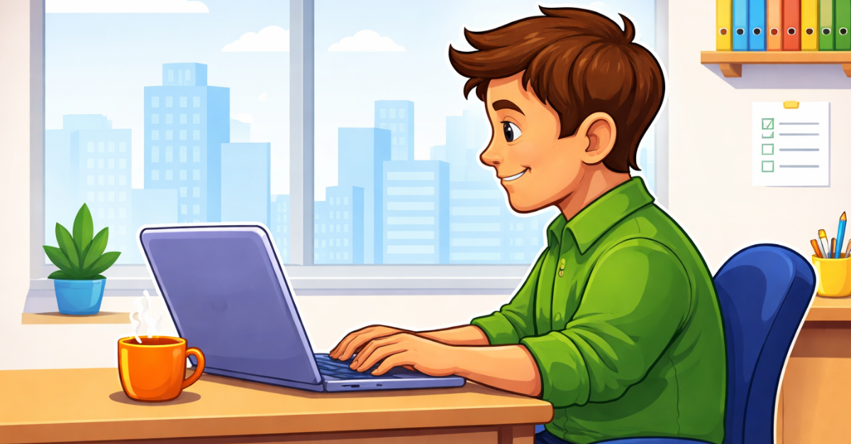 Side-view 2D cartoon illustration of a man sitting at a desk in an office, typing on a laptop, with a coffee mug, plant, and window in the background.