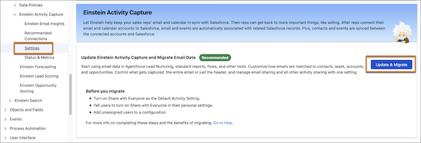 Salesforce Setup screen showing Einstein Activity Capture Settings tab with the “Update Einstein Activity Capture and Migrate Email Data” card and “Update & Migrate” button highlighted as recommended.