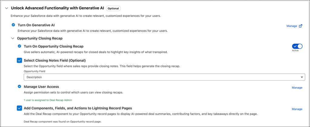 Salesforce Setup screen under Salesforce Go showing “Unlock Advanced Functionality with Generative AI.” The Opportunity Closing Recap feature is enabled, with options to select a closing notes field, manage user access, and add the AI-powered deal recap component to Opportunity record pages.