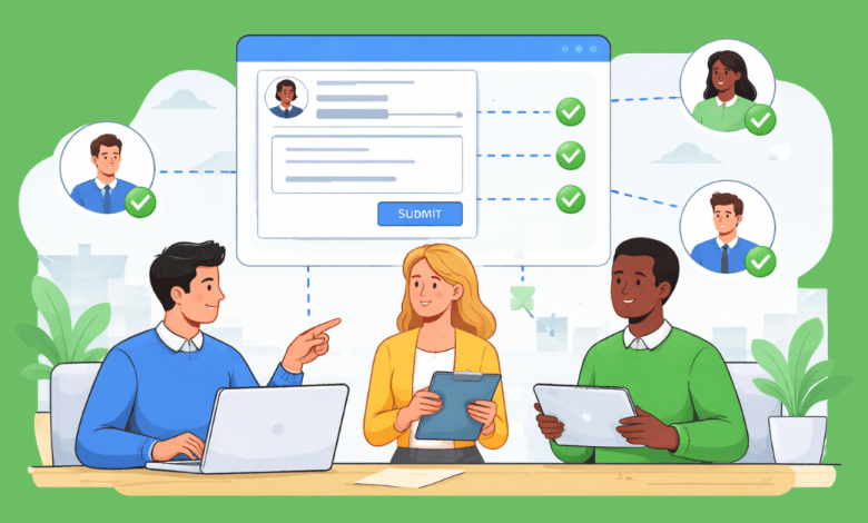 Flat cartoon illustration of three coworkers collaborating at a desk while reviewing a digital approval workflow displayed on a large screen, with connected approvers and confirmation checkmarks indicating a multi-step approval process.