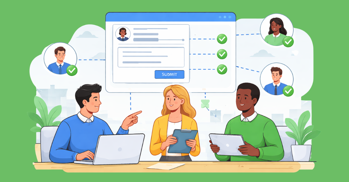 Flat cartoon illustration of three coworkers collaborating at a desk while reviewing a digital approval workflow displayed on a large screen, with connected approvers and confirmation checkmarks indicating a multi-step approval process.