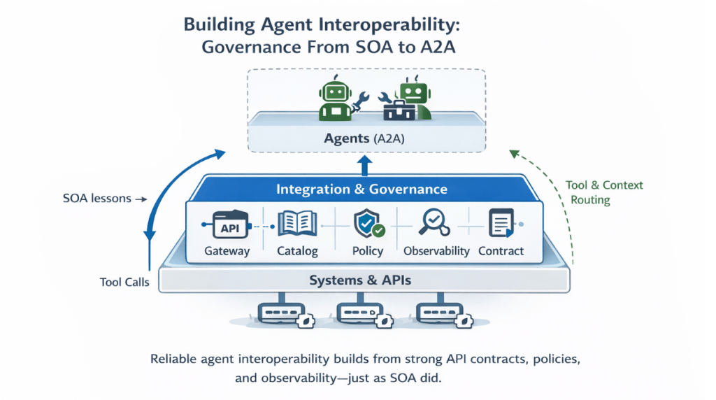 Architecture diagram titled "Building Agent Interoperability: Governance From SOA to A2A." Shows a three-layer stack: Systems & APIs at the base, an Integration & Governance layer in the middle containing Gateway, Catalog, Policy, Observability, and Contract components, and an Agents (A2A) layer at the top. Arrows indicate SOA lessons feeding into the governance layer, tool calls flowing up from systems, and tool & context routing flowing back down to agents. Caption reads: "Reliable agent interoperability builds from strong API contracts, policies, and observability — just as SOA did.