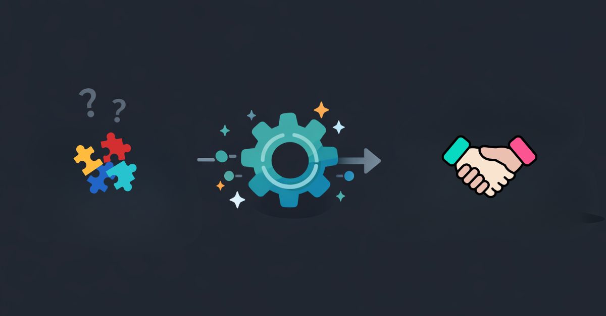 Simple 2D illustration showing scattered puzzle pieces transforming through a central gear into a clean, successful outcome represented by a handshake.