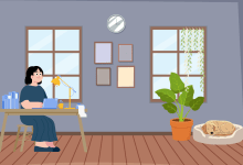 Illustration of a woman sitting at a desk working on a laptop in a cozy home office. The room features two windows, framed wall art, a yellow desk lamp, a coffee mug, stacked books, a large potted plant, and a golden dog sleeping in a pet bed