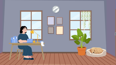 Illustration of a woman sitting at a desk working on a laptop in a cozy home office. The room features two windows, framed wall art, a yellow desk lamp, a coffee mug, stacked books, a large potted plant, and a golden dog sleeping in a pet bed