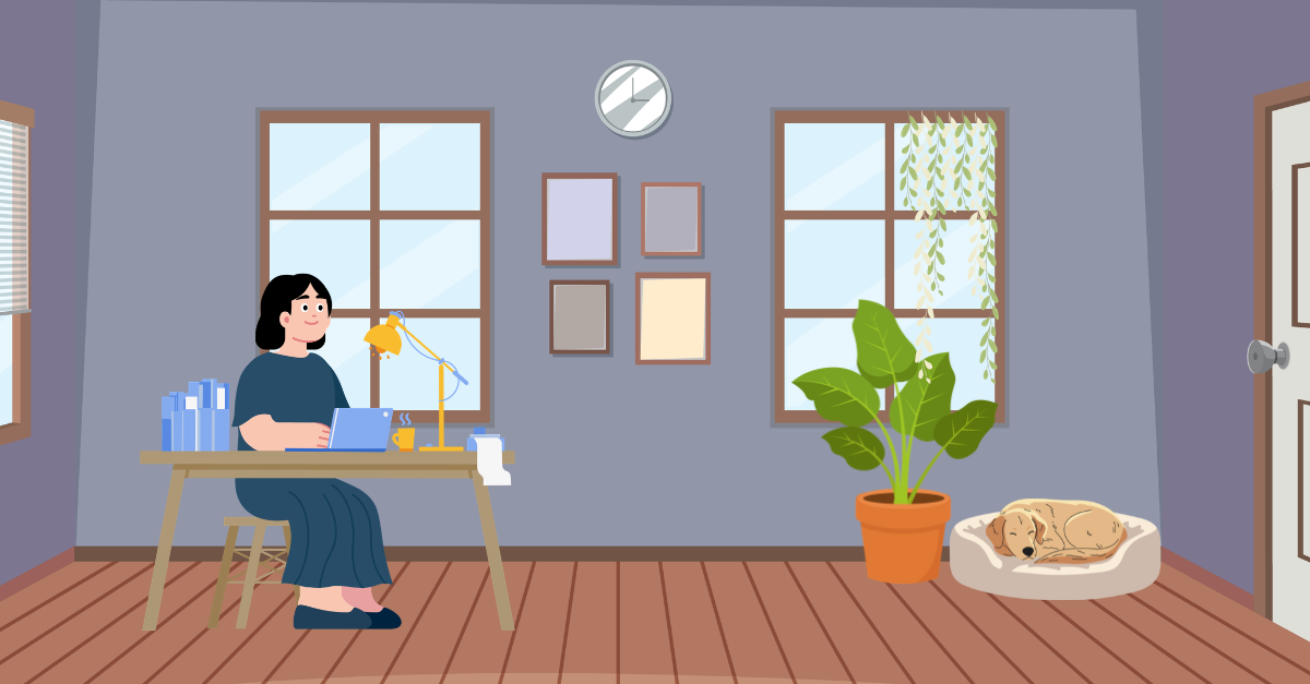 Illustration of a woman sitting at a desk working on a laptop in a cozy home office. The room features two windows, framed wall art, a yellow desk lamp, a coffee mug, stacked books, a large potted plant, and a golden dog sleeping in a pet bed