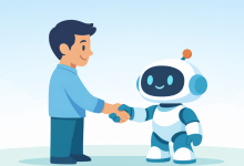 Minimal 2D illustration of a human and a friendly robot shaking hands in a clean, calm environment with soft colors and simple shapes.