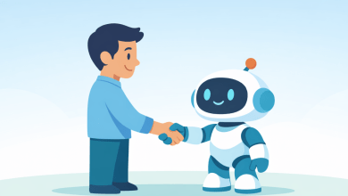 Minimal 2D illustration of a human and a friendly robot shaking hands in a clean, calm environment with soft colors and simple shapes.