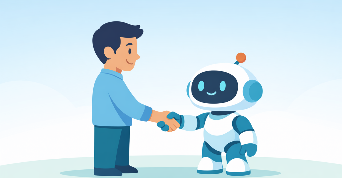Minimal 2D illustration of a human and a friendly robot shaking hands in a clean, calm environment with soft colors and simple shapes.