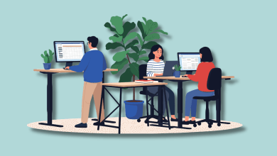 Three office workers at standing and seated desks working on computers, surrounded by indoor plants, illustrated in a flat 2D cartoon style with a teal background.